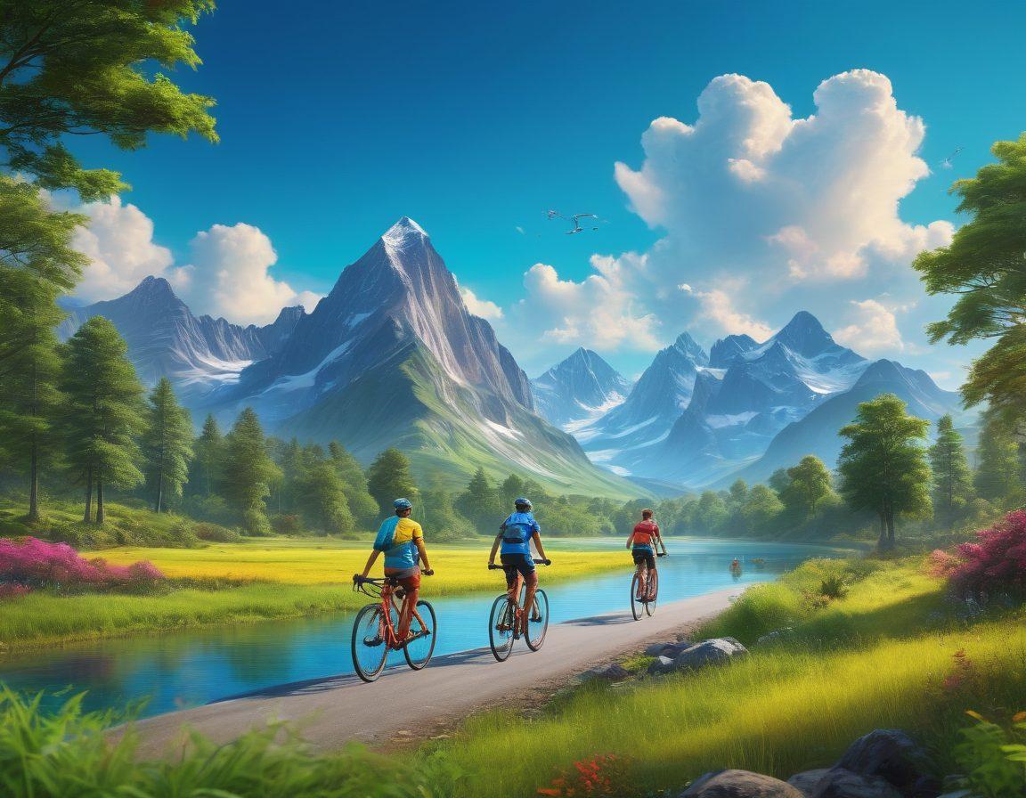 A vibrant scene of diverse cyclists pedaling through a lush, green landscape, showcasing various terrains like mountains, forests, and lakes. Include energetic cyclists wearing colorful outfits, enjoying the thrill of adventure while seamlessly blending with nature. The backdrop should feature a bright blue sky with fluffy clouds, symbolizing sustainability and freedom. super-realistic. vibrant colors. dynamic composition.