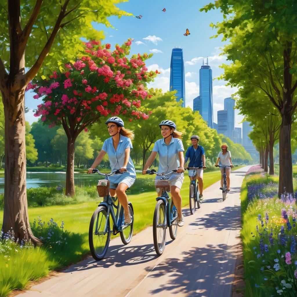 A scenic outdoor landscape featuring a diverse group of people joyfully riding eco-friendly electric bicycles along a tree-lined path. Bright, sunny skies and vibrant greenery create a refreshing atmosphere, with delicate flowers and butterflies fluttering around. Include a subtle hint of city skyline in the background to represent urban cycling. Illustrate the bicycles with eco-friendly designs, emphasizing their modern technology. painting. vibrant colors.