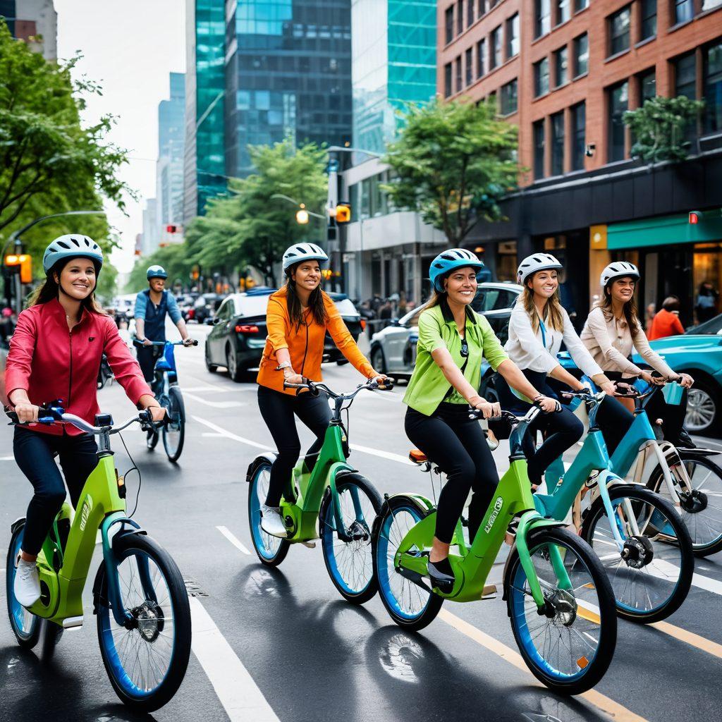 A bustling cityscape with futuristic electric bicycles in vibrant colors, showcasing urban riders commuting effortlessly. Highlight eco-friendly features like solar panels and smart connectivity options. Include green spaces, bike lanes, and smiling riders of diverse backgrounds wearing helmets. The scene should radiate energy and innovation, portraying the concept of smart transportation. super-realistic. vibrant colors. urban environment.